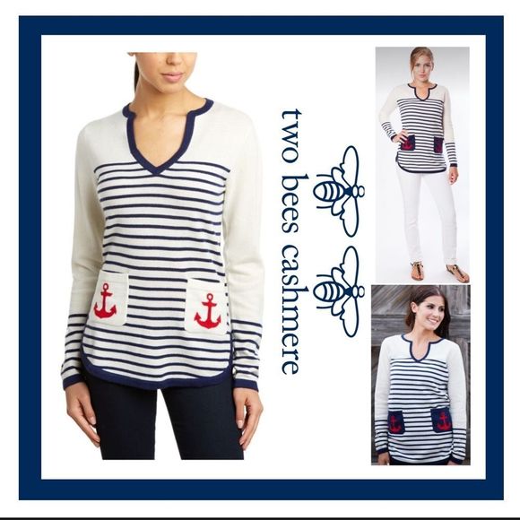 Tuckernuck Two Bees 100% Cashmere Striped Anchor Tunic Ivory/Navy/Red Size M - Picture 1 of 12